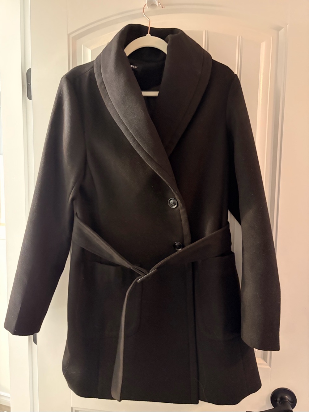 le chateau Black Shawl-Collar Belted Pea Coat